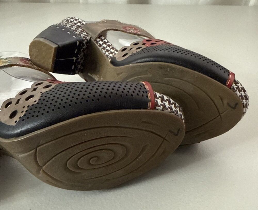 L'Artiste Jive BM Sandals Size 7.5-8 Euro 38 Black Red Tan Boho Retro - Picture 10 of 16